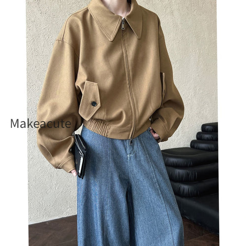 Autumn Maillard Coat Women Collared Drop Shoulder Zipper Design Loose All Matching Long Sleeved Jacket