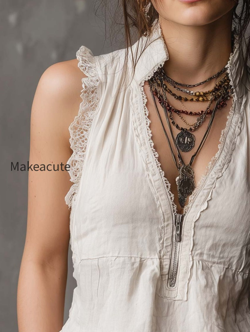 vintage-zippered-collar-lace-trimmed-cotton-linen-tank-top
