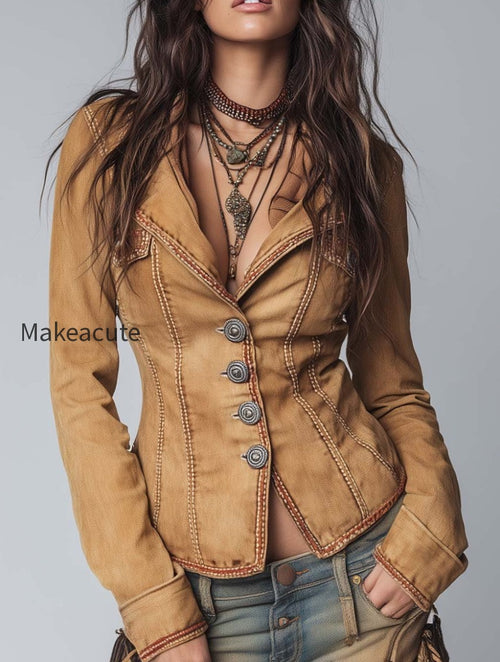 Slim-fit Vintage-style Washed Khaki Denim Jacket