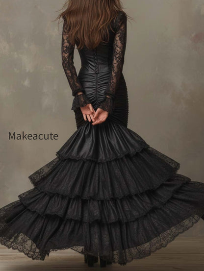 black-faux-leather-corset-maxi-dress-with-lace-sleeves