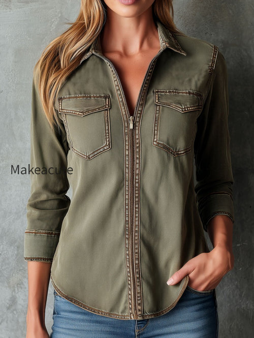 Vintage Army Green Utility Zip Shirt Jacket With Contrast Stitching