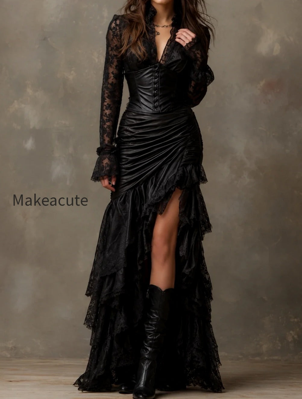 black-faux-leather-corset-maxi-dress-with-lace-sleeves
