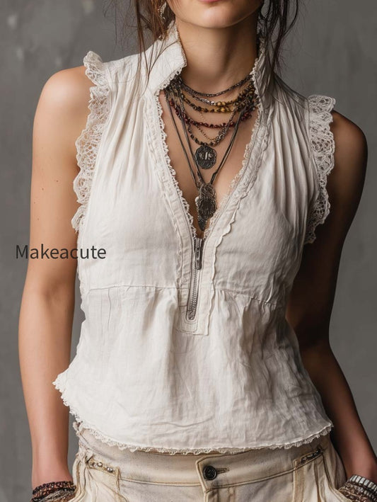 vintage-zippered-collar-lace-trimmed-cotton-linen-tank-top