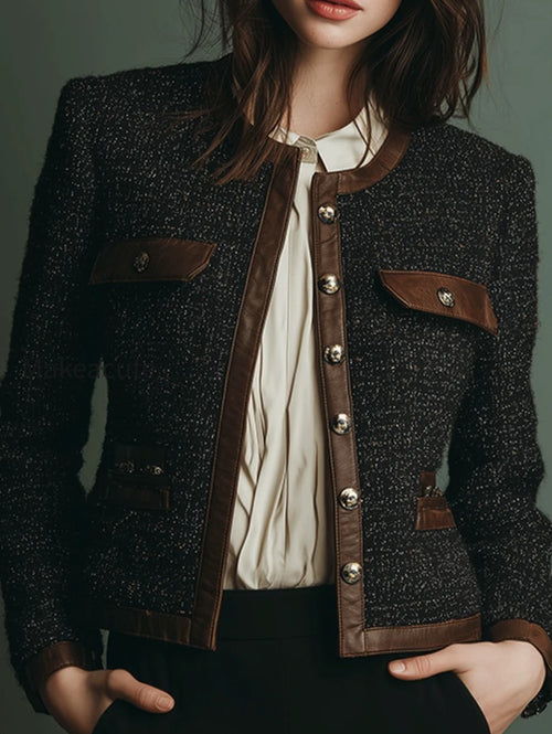 Classic Vintage Leather Trim Tweed Jacket