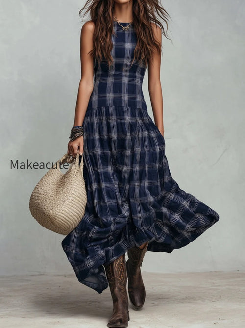 Classic Plaid Sleeveless Side Pocket Maxi Dress