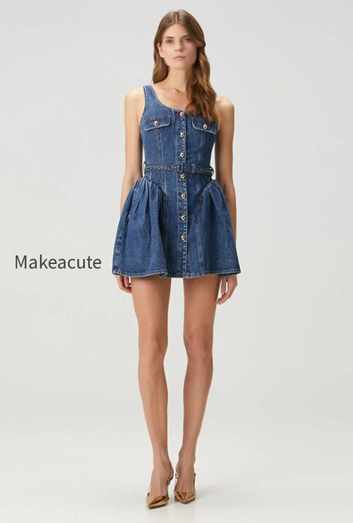 Belted Cami Button Front Denim Dress