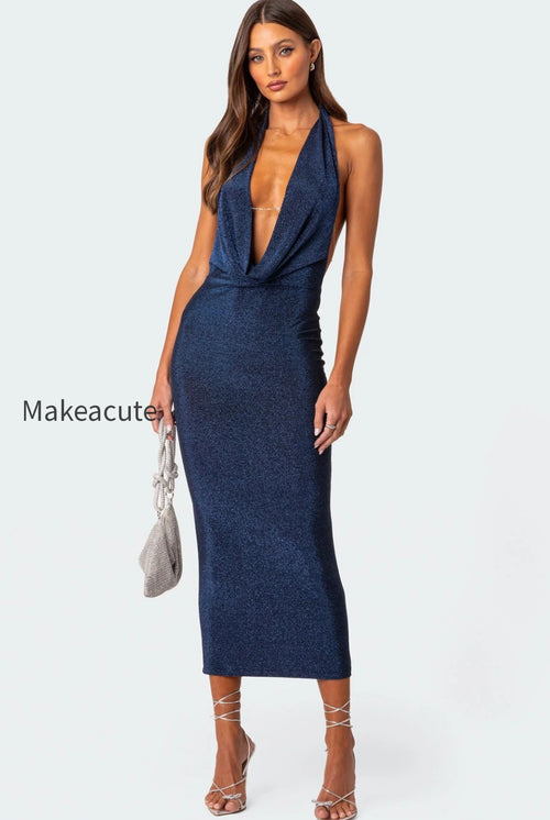 Cowl Neck Open Back Maxi Dress