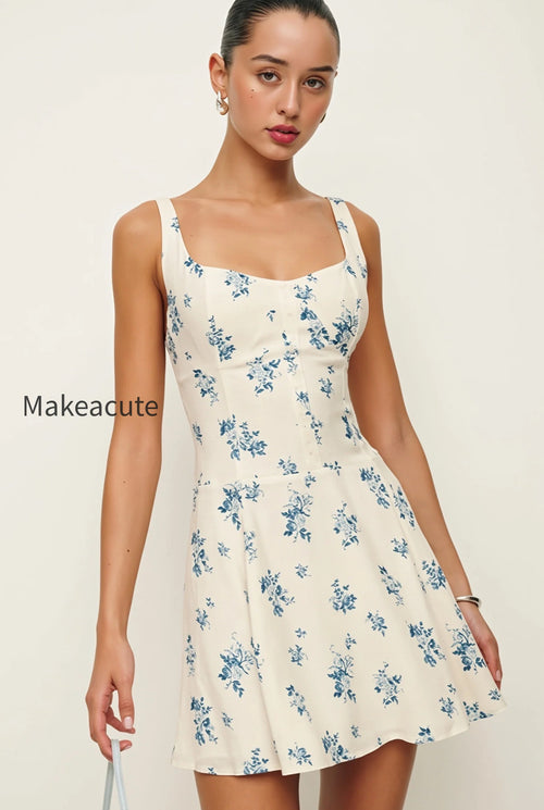 Floral Square Neck A Line Mini Dress