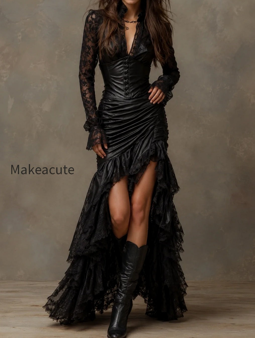 black-faux-leather-corset-maxi-dress-with-lace-sleeves