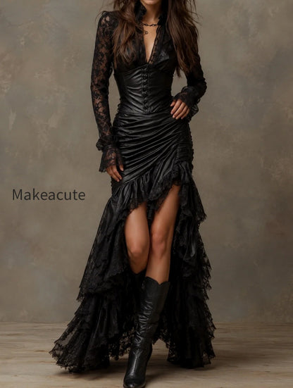 black-faux-leather-corset-maxi-dress-with-lace-sleeves