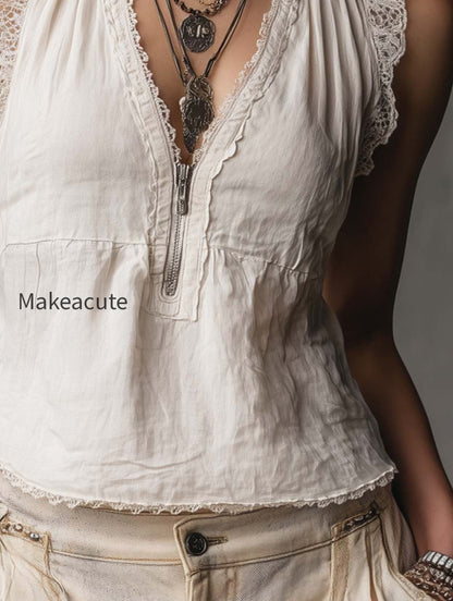 vintage-zippered-collar-lace-trimmed-cotton-linen-tank-top
