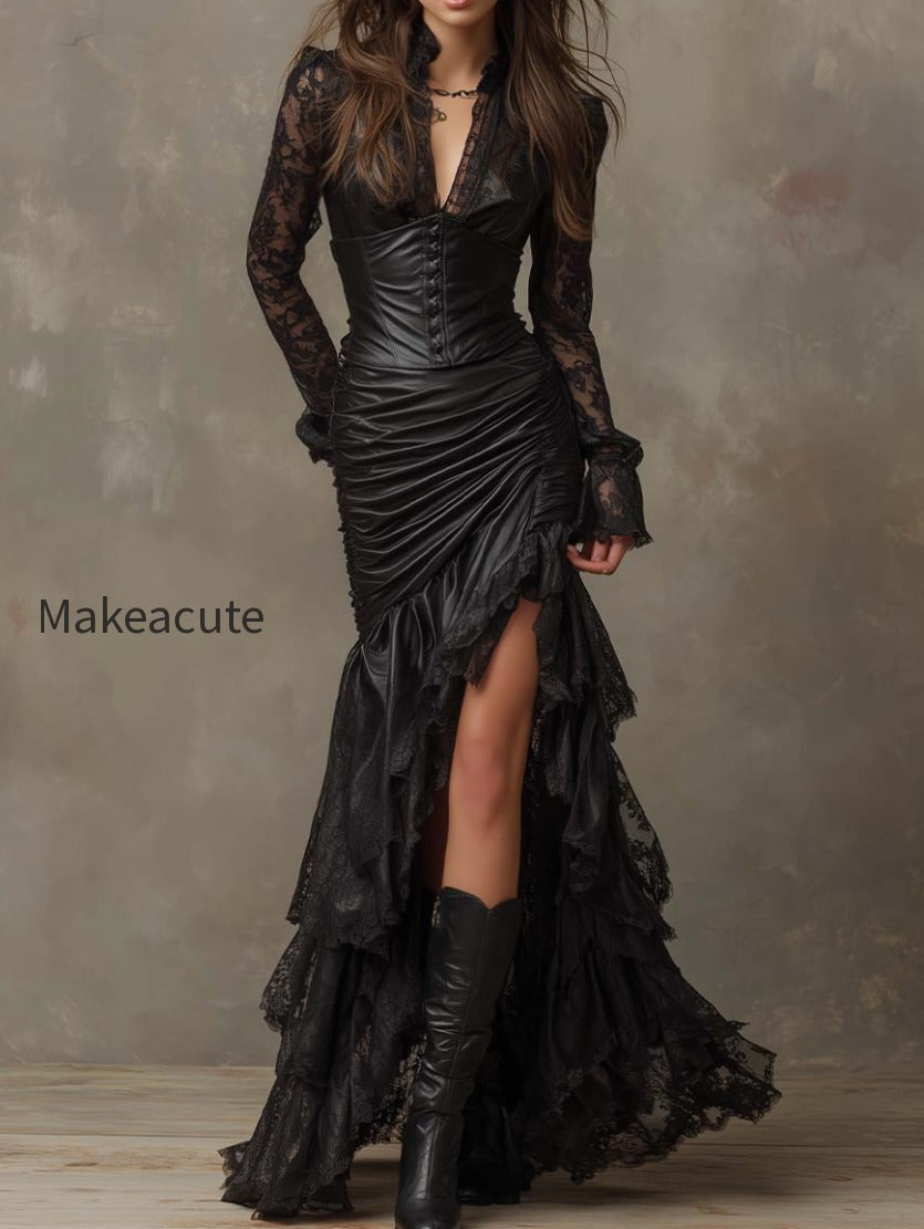 black-faux-leather-corset-maxi-dress-with-lace-sleeves