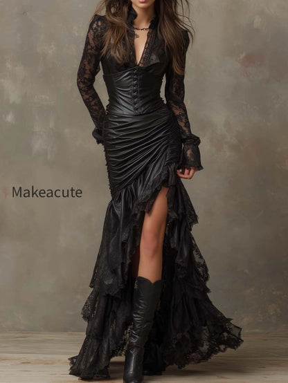 black-faux-leather-corset-maxi-dress-with-lace-sleeves