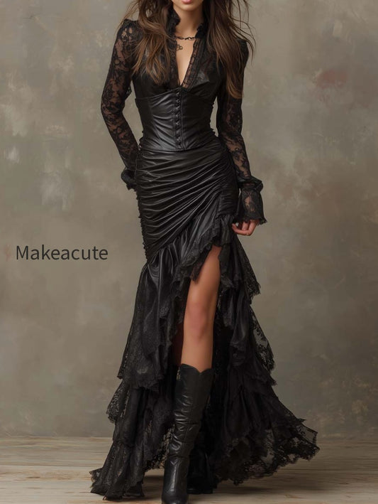 black-faux-leather-corset-maxi-dress-with-lace-sleeves